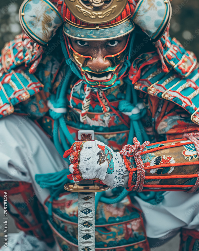 Obraz premium close-up of red samurai armor. Vibrant close-up photo capturing the intricate details and craftsmanship of a traditional red samurai warrior's armor