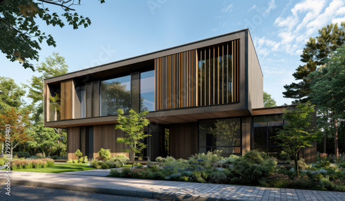 A modern house with wooden cladding and greenery on the roof, set against blue sky, surrounded by trees and grassy lawns. The front facade features large windows overlooking an outdoor area © Kien