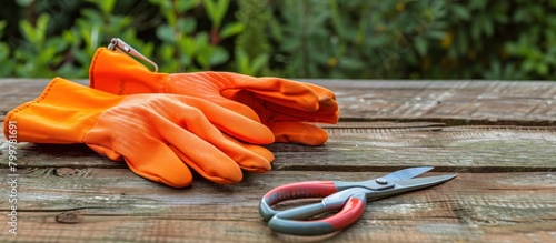 Orange gardening gloves and shears on a wooden table outdoors photo