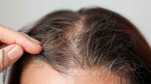close-up of a woman's head and hair in androgenetic alopecia. the problem of thinning hair.