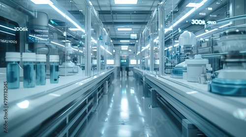 A futuristic pharmaceutical manufacturing floor. Show data flowing  wireless sensors on machines  and the cloud above. Generative AI.