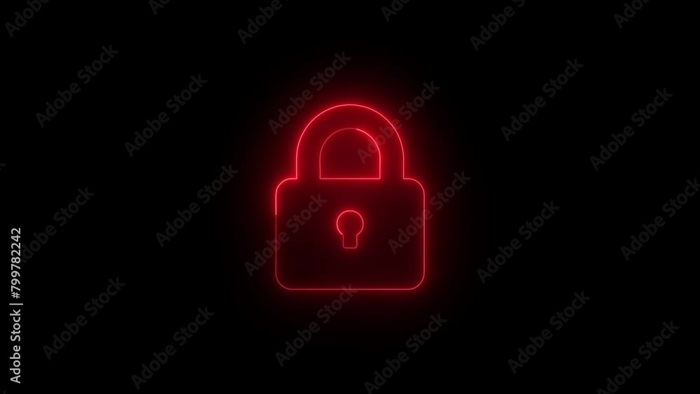 Unlock neon sign appear in center and disappear after some time. Animated blue neon icon on black background. Unlock neon sign appear in center and disappear after some time. Animated blue neon icon on black background.
