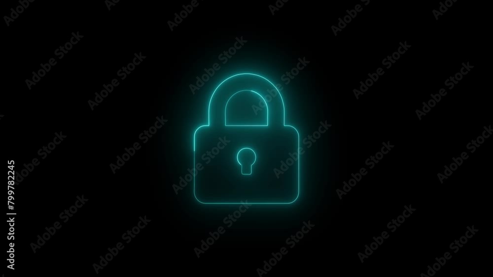 Unlock neon sign appear in center and disappear after some time. Animated blue neon icon on black background. Unlock neon sign appear in center and disappear after some time. Animated blue neon icon on black background.