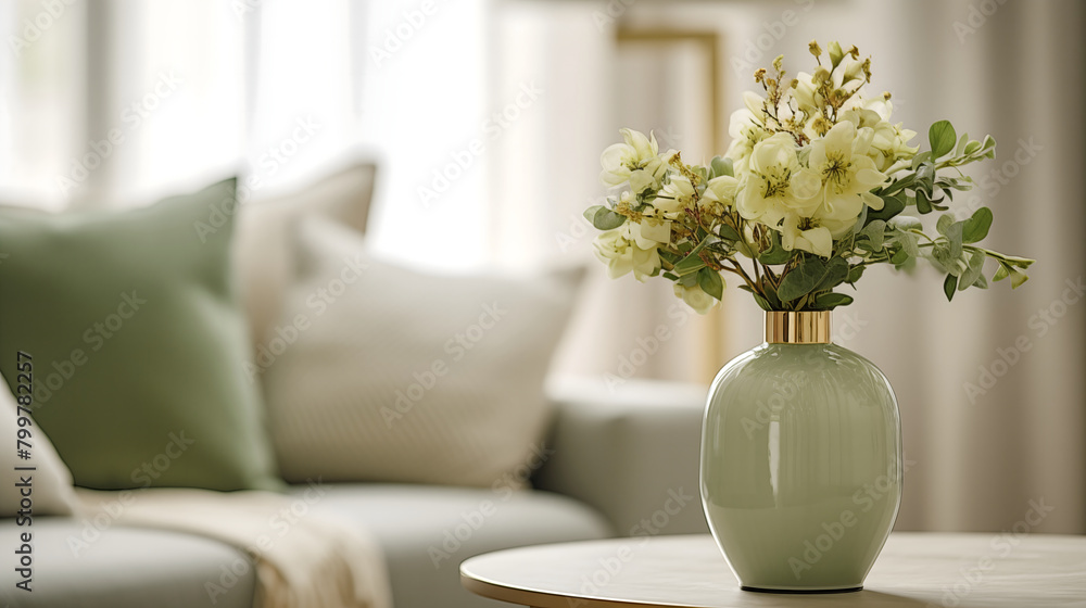 Flowers adorn a contemporary living room with a vase on a table Flowers adorn a contemporary living room with a vase on a table