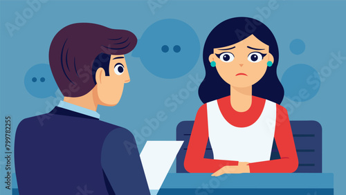A woman struggling to maintain eye contact during a job interview leading to a misunderstanding of her lack of interest in the position.. Vector illustration