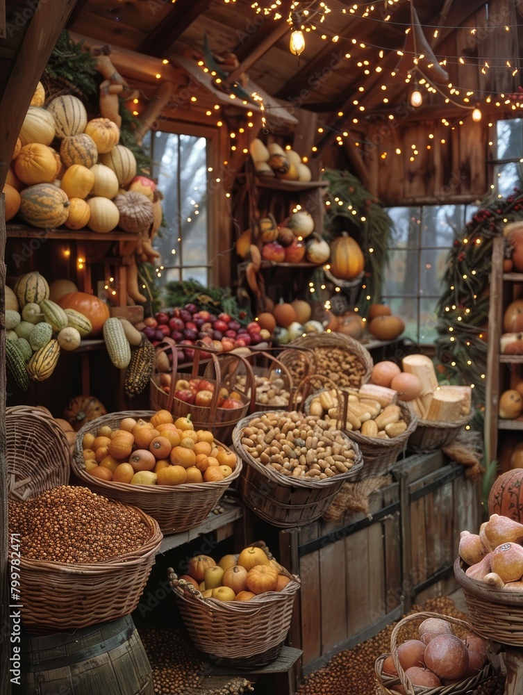 Bountiful harvest display for Thanksgiving, baskets of produce and grains, rustic barn setting.