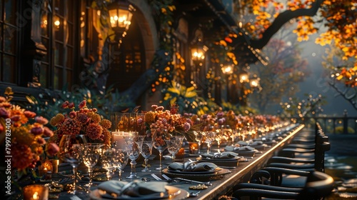 An elegant Thanksgiving table set with seasonal decor  soft evening lighting  side view of autumn dinner scene.