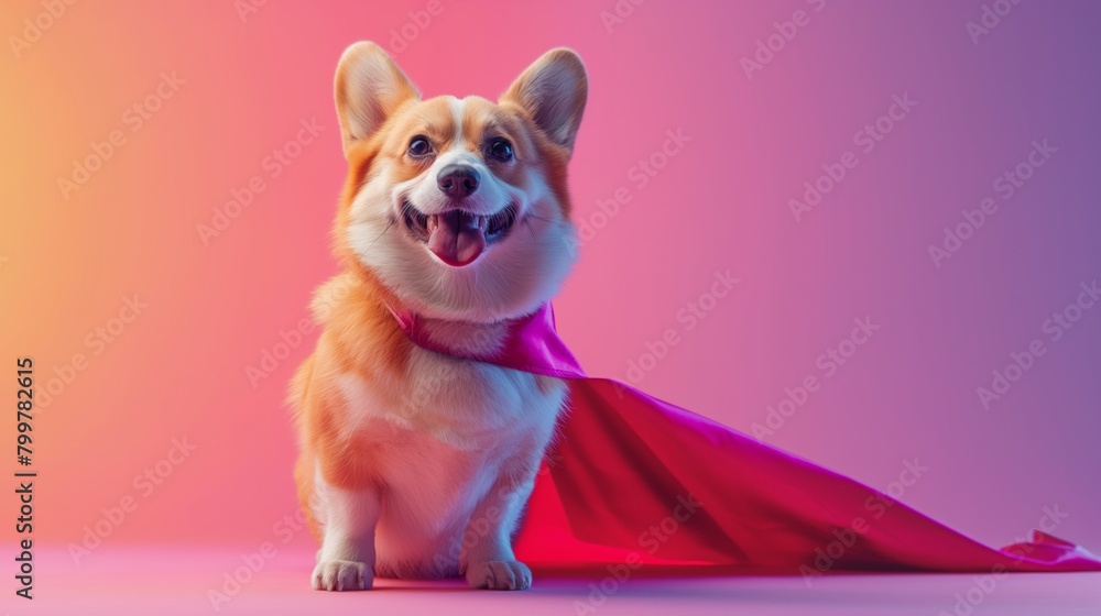 Happy corgi dog with superhero cape against gradient background. Happy corgi dog with superhero cape against gradient background.