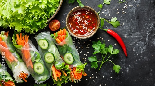 Vibrant spring rolls wrapped in rice paper, filled with lettuce, carrots, cucumbers, and fresh herbs, served with dipping sauce, raw style, studio lighting