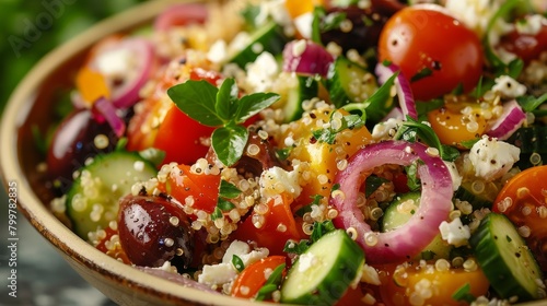 Vibrant Mediterranean Quinoa Salad, featuring fresh cherry tomatoes, crunchy cucumbers, sharp red onions, briny olives, and creamy feta, studio-lit against an isolated background, raw look photo