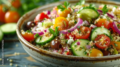 Vibrant Mediterranean Quinoa Salad, featuring fresh cherry tomatoes, crunchy cucumbers, sharp red onions, briny olives, and creamy feta, studio-lit against an isolated background, raw look photo