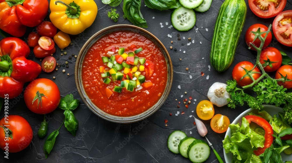 Top view of vibrant gazpacho surrounded by its fresh ingredients like ripe tomatoes, crisp bell peppers, and cucumbers, studio-lit with a raw style on isolated background
