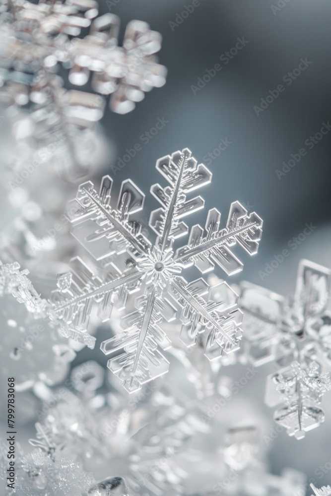 A closeup view of  an unique crystalline structures of individual snowflakes, with their symmetrical patterns and intricate details creating a mesmerizing minimalist composition