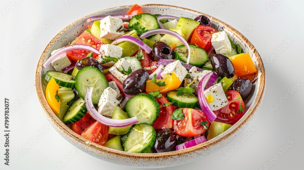 Top view of a Greek Salad with vibrant tomatoes, crisp cucumbers, colorful bell peppers, sharp red onions, dark olives, and chunky feta cheese, dressed in olive oil and lemon