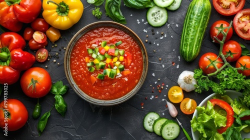 Top view of vibrant gazpacho surrounded by its fresh ingredients like ripe tomatoes, crisp bell peppers, and cucumbers, studio-lit with a raw style on isolated background