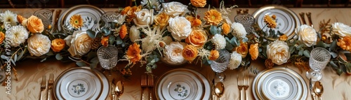 An elegant autumn-themed table setting with classic china, crystal glasses, and a golden centerpiece viewed from the top. photo