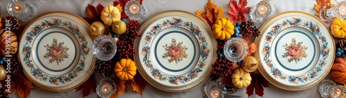 Classic Thanksgiving table setting, elegant china and crystal glasses, golden autumn centerpiece, top view.