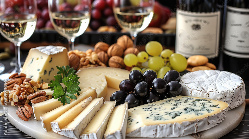 On a wooden background, a cheese platter with organic cheeses, fruits, nuts, and wine is displayed. Tasty cheese starter. Generative AI. On a wooden background, a cheese platter with organic cheeses, fruits, nuts, and wine is displayed. Tasty cheese starter. Generative AI.