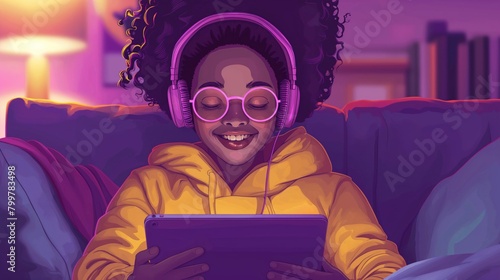 Illustration of a smiling young black woman with thick glasses, relaxing on a couch, using a tablet and headphones.