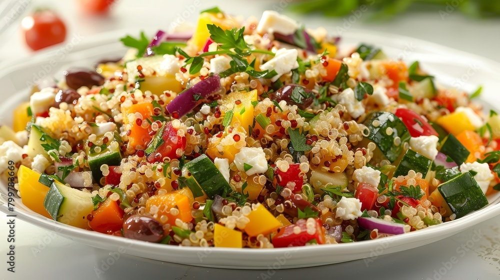 Studio-lit Mediterranean Quinoa Salad showcasing fluffy quinoa mixed with colorful vegetables and feta cheese, finished with a zesty lemon-herb dressing, on an isolated background, raw visual style