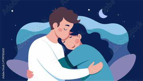 After a long day at work two exhausted partners find comfort and reassurance in each others arms during their late night pillow talk.. Vector illustration