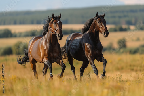 two beautiful brown horses running on the field