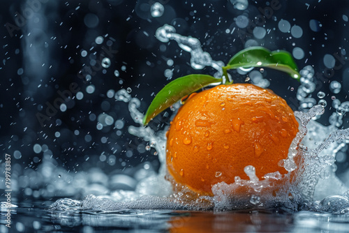 Close up shot of fresh orange falling to the water 