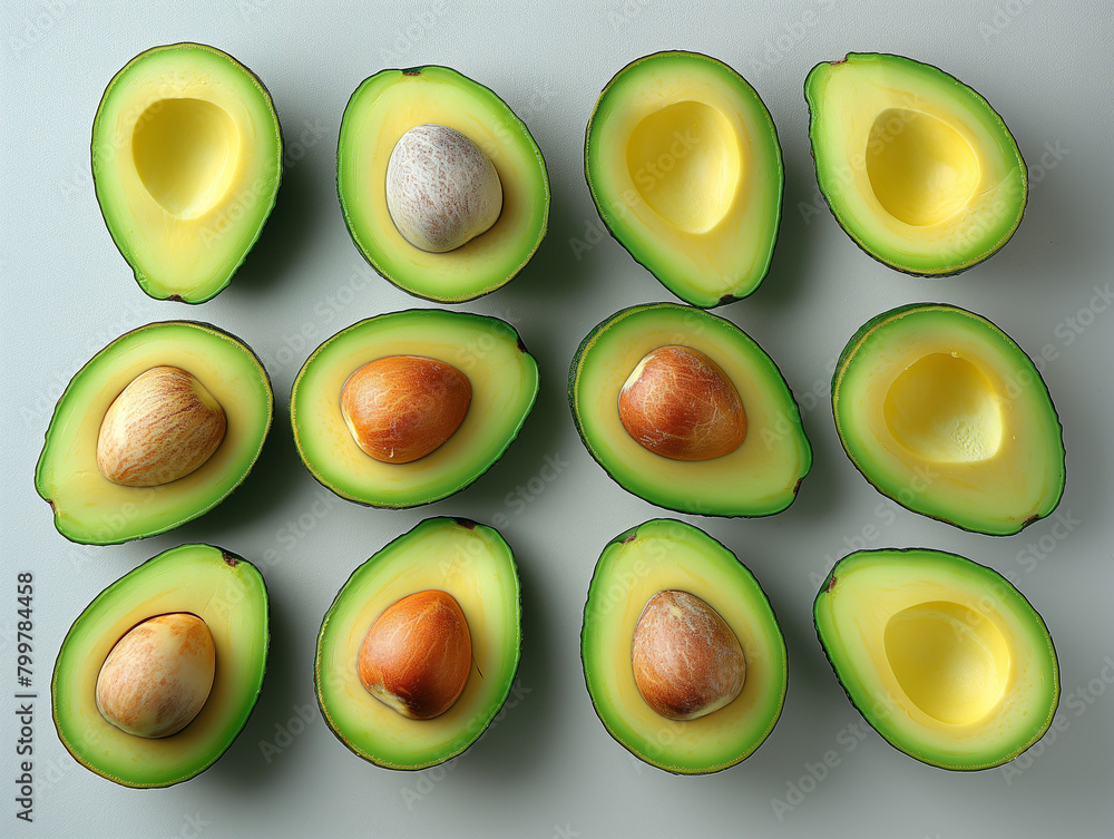 Fresh avocado halves arranged on textured white background. Ripe avocado slices presented with vibrant green hues and natural textures against a white surface, enhanced for visual appeal Fresh avocado halves arranged on textured white background. Ripe avocado slices presented with vibrant green hues and natural textures against a white surface, enhanced for visual appeal