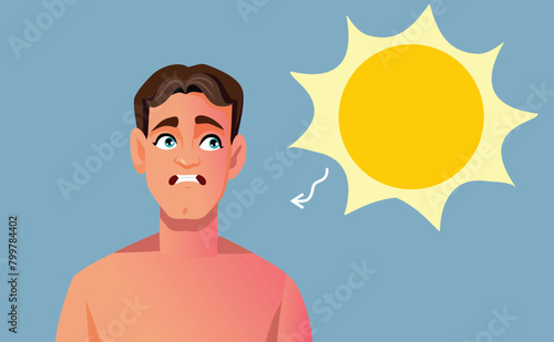 Man Getting Sunburns from Heated Sun Vector Cartoon Illustration. Stressed guy having problem with skin redness 
