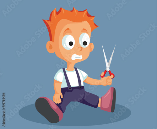 Clumsy Toddler Using Scissors Unsupervised Vector Cartoon illustration. Child being at risk playing with sharp objects at home
