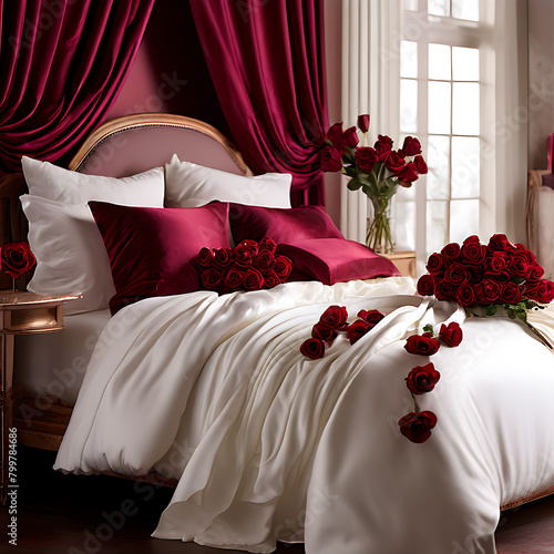 Burgundy roses spill over a luxurious bed, their soft petals draping onto pristine white linens akin to a scarlet cascade. Capturing the essence of romance, perfect for a memorable evening or a cheris photo
