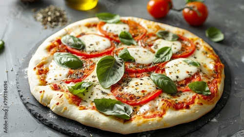 Neapolitan-style Caprese pizza, fresh basil leaves topping, soft studio lighting, minimalist background