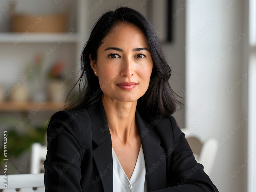 Confident Professional Woman Pausing Thoughtfully at Her Desk in Clean Minimalist Office Setting Confident Professional Woman Pausing Thoughtfully at Her Desk in Clean Minimalist Office Setting