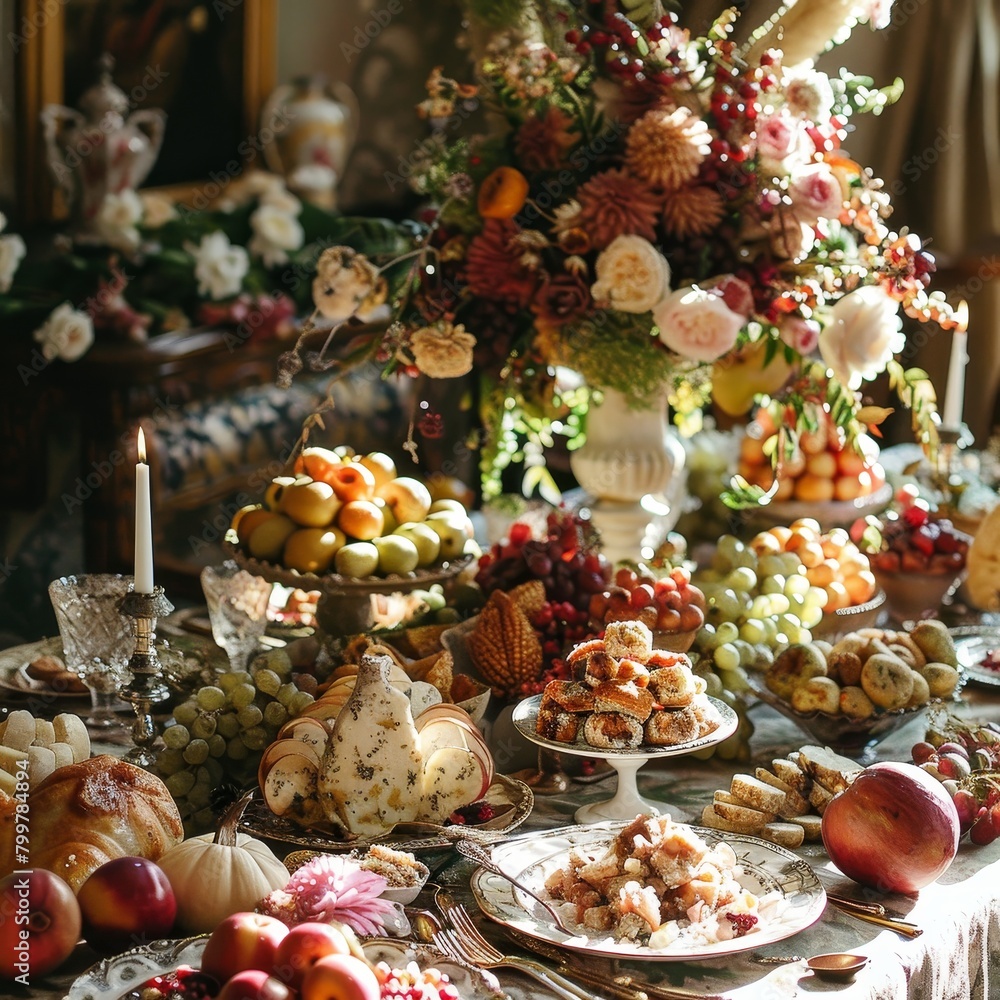 Fototapeta premium Thanksgiving flyer showcases a classic feast setup with stylish text and autumn hues.