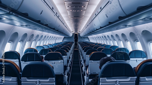 plane seats and isle from the point of view of a sitting passenger photo
