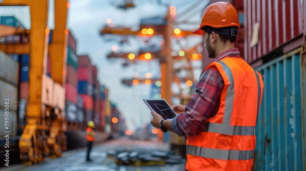 A captivating image of an engineer using a digital tablet to communicate with a dock worker in the foreground, with stacks of containers and cranes blurred in the background. A captivating image of an engineer using a digital tablet to communicate with a dock worker in the foreground, with stacks of containers and cranes blurred in the background.