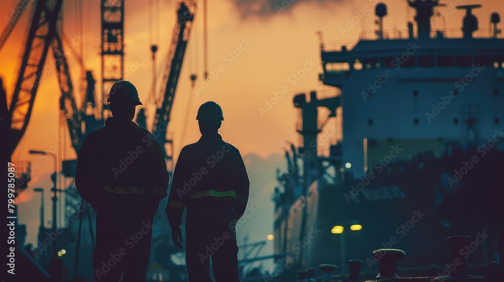 Fototapeta premium A captivating image of two dock workers in the foreground of a shipyard, with blurred cranes and maritime vessels in the background.