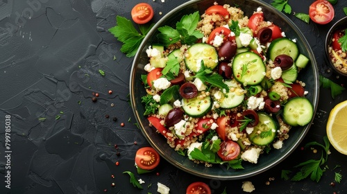Lush top view of a Mediterranean quinoa salad with cucumbers, cherry tomatoes, and olives, accented by feta and a bright lemon dressing, studio lighting