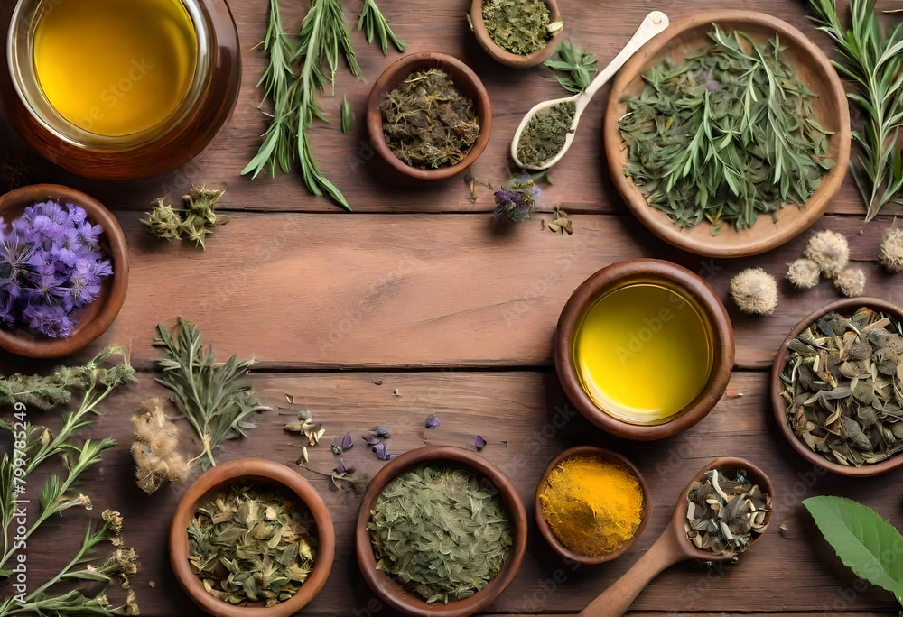spices and herbs on wooden table spices and herbs on wooden table