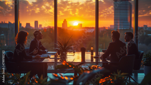 Modern business in trendy office at sunset