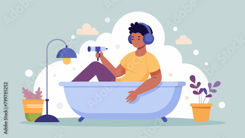 A person unwinding after a long day relaxing in a bubble bath while listening to a personal growth podcast that encourages introspection and.