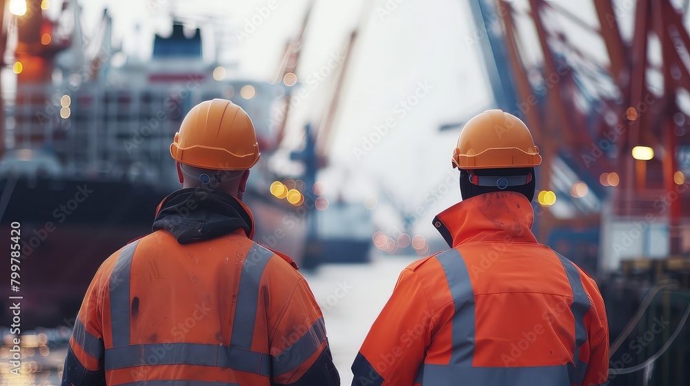 A captivating stock photo showcasing the rear view of two dock workers observing operations in a busy shipyard, with cranes and cargo ships blurred in the background. A captivating stock photo showcasing the rear view of two dock workers observing operations in a busy shipyard, with cranes and cargo ships blurred in the background.