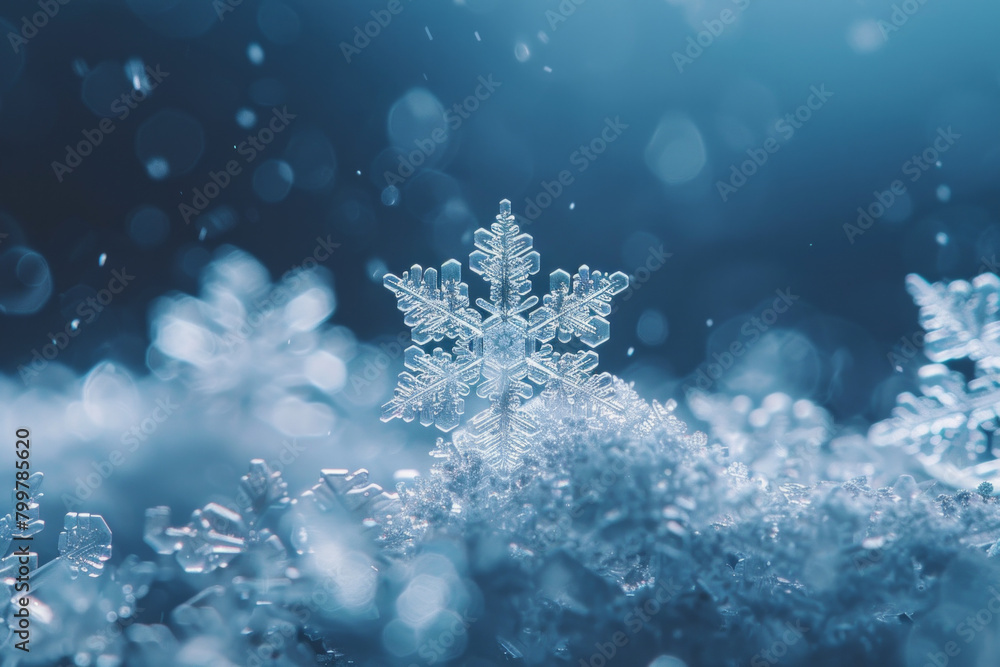 A closeup view of an unique crystalline structures of individual snowflakes, with their symmetrical patterns and intricate details creating a mesmerizing minimalist composition A closeup view of an unique crystalline structures of individual snowflakes, with their symmetrical patterns and intricate details creating a mesmerizing minimalist composition