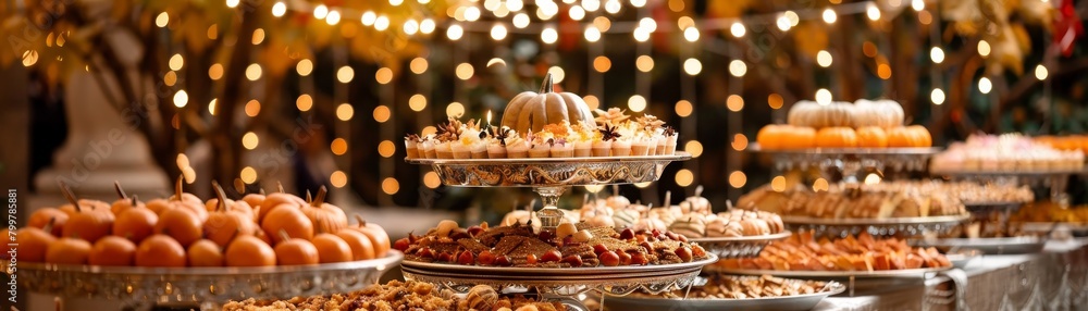 The lavish Thanksgiving spread, adorned with fall foliage and pumpkins, glows under gentle string lights. The lavish Thanksgiving spread, adorned with fall foliage and pumpkins, glows under gentle string lights.
