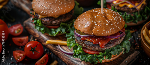 Appetizing beef burger surrounded by a variety of foods on a rustic wooden table, showcasing a casual dining experience