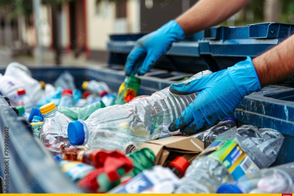 Obraz premium Sorting waste in blue gloves for recycling, isolated background, waste management