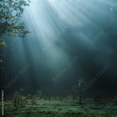 Celestial rays of sunlight filtering through fog 