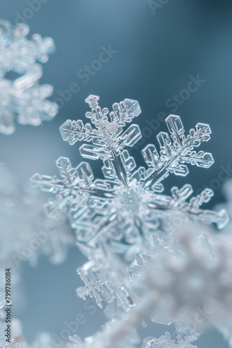 A closeup view of  an unique crystalline structures of individual snowflakes, with their symmetrical patterns and intricate details creating a mesmerizing minimalist composition