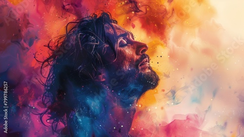 Vector depiction of Jesus Christ in worship, against a colorful watercolor backdrop. The background features an assortment of hues, providing a visually appealing setting for the scene.  photo
