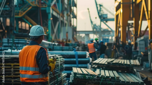 A dynamic image of workers taking inventory of materials and equipment in a busy shipyard, highlighting the meticulous planning and organization required for efficient operations. photo
